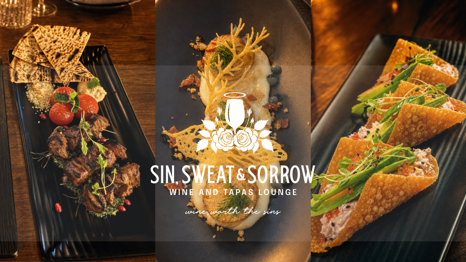 Three plates of tapas with 'Sin, Sweat & Sorrow' logo overlay